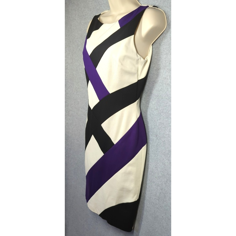 New Vtg Cache Sheath Dress 6 White Purple Black Sleeveless Geometric Easy Chic